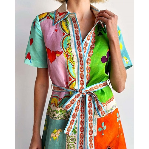  Damen Langes Kleid Maxikleid Baumwoll-Leinen-Kleider Freizeitkleid Mode Outdoor Party Ferien Normale Passform Farbblock Kurzarm Hemdkragen Blau Sommer