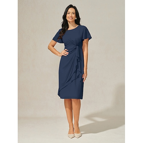  Robe à Plusieurs Couches Femme Robe mi-longue Noeud torsadé robe demoiselle d honneur Soirée Cocktail Elégant Grande occasion Col Ras du Cou Manche Courte Standard Bleu de minuit S M L XL XXL