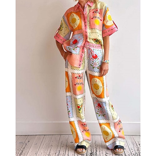  Per donna Moda Streetwear Set di biancheria in cotone Set di Pantaloni Mezza Manica Colletto a Camicia Floreale Stampato Abbigliamento quotidiano Data Rosa Estate Vestibilità regolare