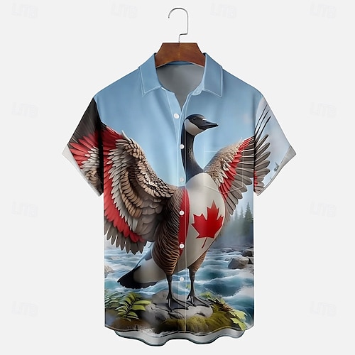  Canada Day Men's Flag Maple Leaf Goose Shirt Summer Shirt Button Up Shirt Short Sleeve Fashion Casual Holiday Summer Spring Turndown 3D Print Collared Shirts Front One Pocket Blue