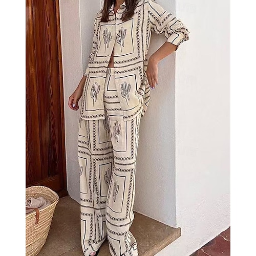  Femmes Mode Streetwear Chemises en coton et lin Ensembles en coton et lin Ensembles de Pantalons Manche Courte Col de chemise Géométrique Imprimé Tenue quotidienne Date Beige Été Coupe régulière