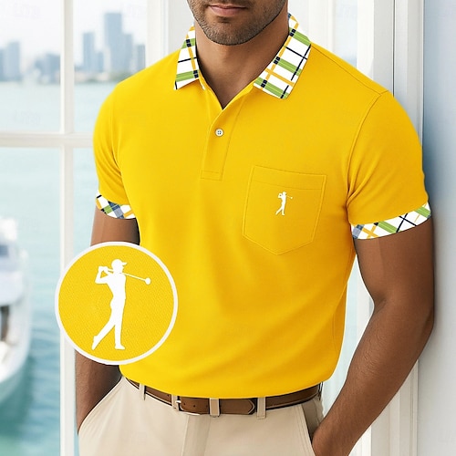  Pánské Golfová košile Polokošile Pique Obchod Ležérní Žebrovaný polo límec Krátký rukáv Módní Základní Pevná barva Pléd Knoflíky Logo Léto Jaro Jaro & podzim Běžný Žlutá Námořnická modř Trávová zelená