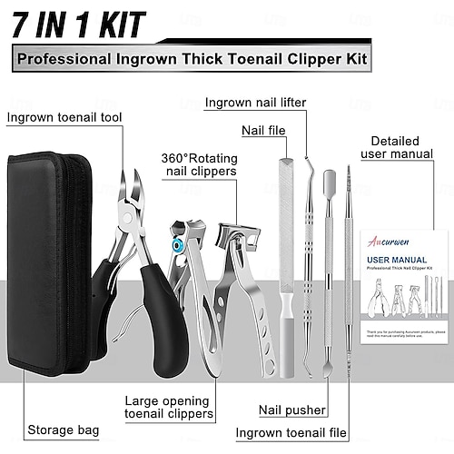  Set di 7 tagliaunghie per anziani con unghie spesse, tagliaunghie per adulti con manico lungo e resistente, kit di strumenti per unghie incarnite, grande tagliaunghie in acciaio inossidabile.