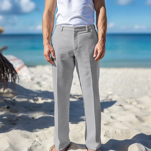 Men's Linen Pants Dress Pants Summer Beach Trousers Straight Leg Plain Comfortable Breathable Casual Daily Regular Fit Beige