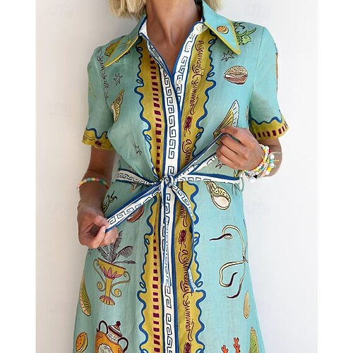  Damen Langes Kleid Maxikleid Baumwoll-Leinen-Kleider Freizeitkleid Mode Outdoor Party Ferien Normale Passform Tropisch Kurzarm Hemdkragen Blau Sommer