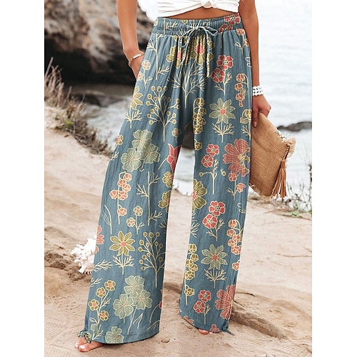  Femmes Culottes Jambe Large Jambe large Chinos Vacances ancien Mode Longueur complète Taille haute Fleuri Graphique Feuille Ceinture Élastique Impression Respirant Doux Micro-Élastique Vacances Rue