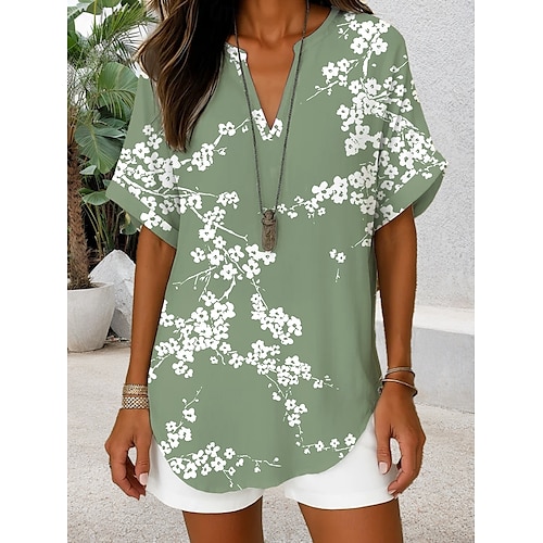  Mujer camisa boho Floral Graphic Elegante Diario Casual Manga Corta Escote en Pico Tops regulares Diario Festivos Verde salvia Morado Verde Trébol Verano Primavera