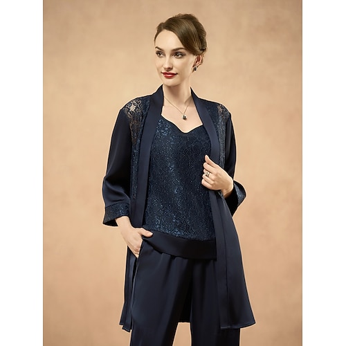  Dámská přehozová bunda s krajkou, elegantní, módní, formální, formální, svatební, večírek, večírek, otevřený střih, dlouhá, bez límce, volný střih, 3/4 rukávy, svrchní oblečení, tmavě modrá, léto,
