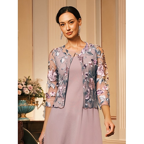  Damen Blazer Leicht Spitze Bestickt Elegant Blumen Formell Kurz Rundhalsausschnitt Lässiger Schnitt Dreiviertelarm Oberbekleidung Graues Rosa Sommer Frühling