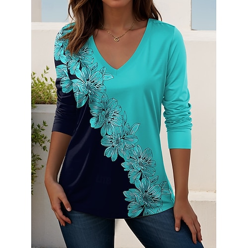  Femmes T-shirt Fleuri Graphique Plantes ancien Élégant Classique manche longue Col en V Hauts Réguliers Quotidien Sortir Week-end Imprimé Vert Claire Bleu Bleu Ciel Violet Vert Printemps Automne