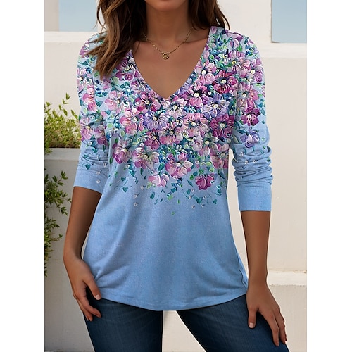  Femmes T-shirt Fleuri Graphique Plantes ancien Élégant Classique manche longue Col en V Hauts Réguliers Quotidien Sortir Week-end Imprimé Vert Claire Bleu Bleu Ciel Violet Vert Printemps Automne