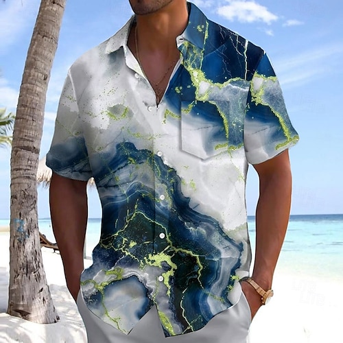  Miesten Geometrinen Marmori Abstrakti taide Paita Kesä paita Button Up paita Lyhythihainen Muoti rento ulko- Loma Arkikäyttö Kesä Kevät Sänkyjen avaus 3D-tulostus kauluspaidat Edessä yksi tasku Viini