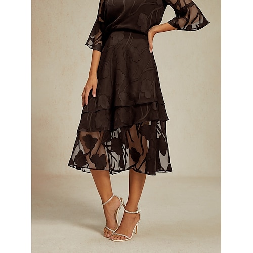  Dames Rok Elegant Midi Medium Taille Rokken Flora Meerlaags Inelastisch Feest Causaal Bruin Zomer Chiffon