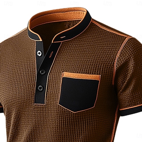  Men's Waffle Henley Shirt Tee Short Sleeve Solid Color Plain Fashion Designer Comfortable Color Block Buttons Henley Outdoor Casual Daily Summer All Seasons Black Navy Blue Brown Henley T-Shirt