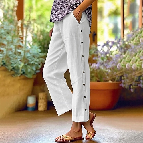 Femmes Pantalon en coton et lin Pantacourt Mode Occasionnel Longueur cheville Taille Moyenne Uni Taille Élastique Respirant Confortable Rue Tenue quotidienne Sortir Noir Blanche bleu marine Bleu Ciel