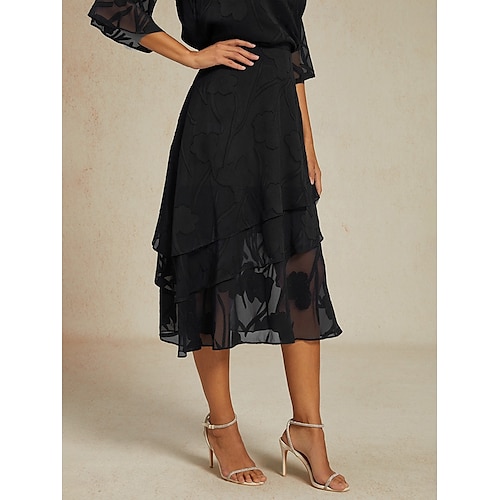  Dame الالتفاف Elegant Midi Medium Midje Skjørt Blomster Multi Layer Uelastisk Fest Avslappet Svart Sommer Chiffon