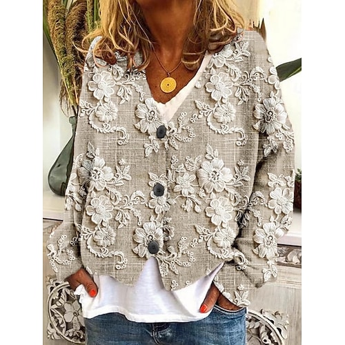 Damen Strickjacke Pullover Gestrickt Rippstruktur Knopf Front V-Ausschnitt Lange Ärmel Leicht Alltag Weich Floral Knöpfe Druck Reguläre Oberteile Strick Outdoor Alltag Wochenende Blau Grün Herbst