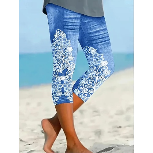  Women's Capri Pants Leggings Vacation Vintage Ethnic Style Calf-Length High Waist Floral Graphic 3D Print Soft Comfortable Breathable Inelastic Vacation Street Causal White-Blue Light Blue Summer