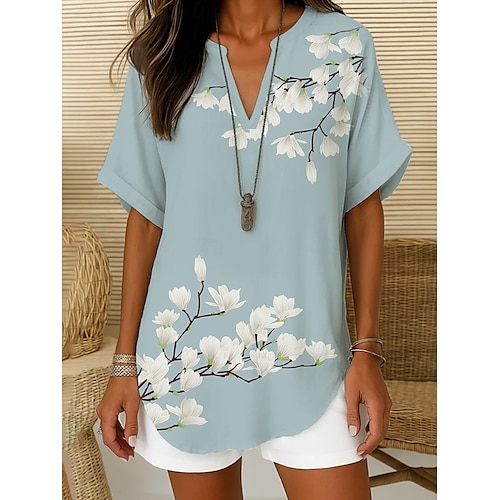  Femmes Chemise Bohème Fleuri Graphique Bohème Actif ancien Manche Courte Col en V Hauts Réguliers Quotidien Fête Tenue de plage Rouge Bleu Violet Beige Été Printemps