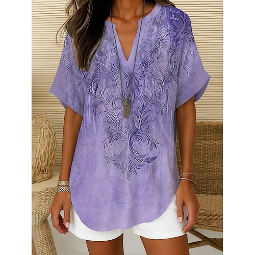  Femmes Chemise Bohème Fleuri Graphique Bohème Actif ancien Manche Courte Col en V Hauts Réguliers Quotidien Fête Tenue de plage Rouge Bleu Violet Beige Été Printemps