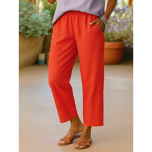  Women's Cotton Pants Vacation Vintage Ethnic Style Ankle-Length High Waist Plain Comfy Breathability Soft Micro-elastic Army Green Dark red Black White Summer Spring Loose Fit