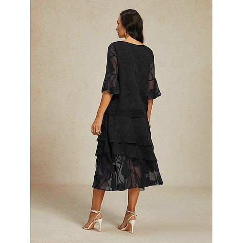  Dame الالتفاف Elegant Midi Medium Midje Skjørt Blomster Multi Layer Uelastisk Fest Avslappet Svart Sommer Chiffon
