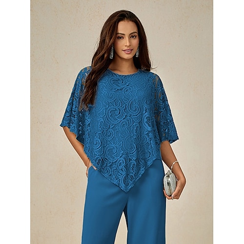  Women's Blouse Dressy Tops Plain Elegant Half Sleeve Crew Neck Regular Tops Wedding Guest Daily Lace Patchwork Layered Blue Summer Spring