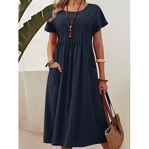  Pentru femei Rochii Midi Rochie A line Rochie de vară Casual Zilnic Fit regulat Simplu Manșon scurt Stil Nautic Roșu-aprins Bleumarin Verde Militar Vară