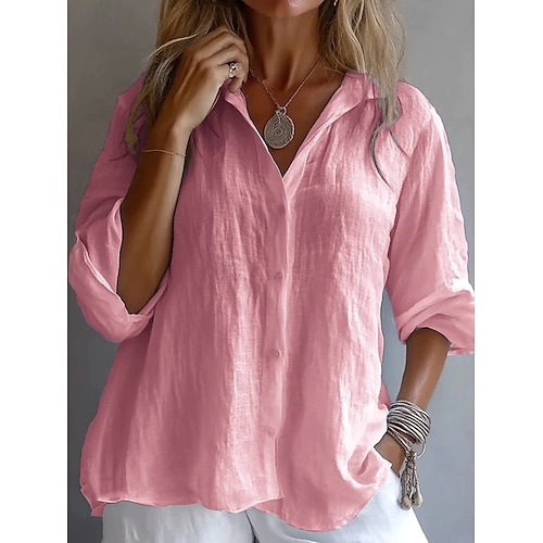  cămașă pentru femei 100% bumbac culoare uni simplu elegant casual mânecă lungă guler cămașă topuri obișnuite zi de zi vacanță nasturi alb galben roz albastru vară primăvară