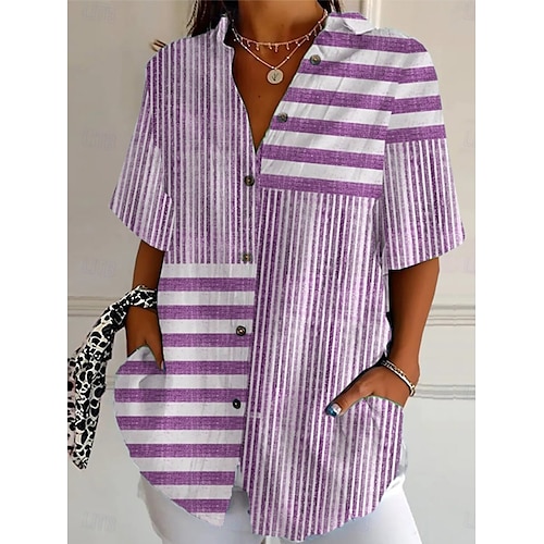  Femmes Chemise Graphique Géométrique Rayé ancien Élégant Moderne Manche Courte Col de chemise Hauts Réguliers Quotidien Vert Claire Rouge Bleu Violet Orange Été Printemps