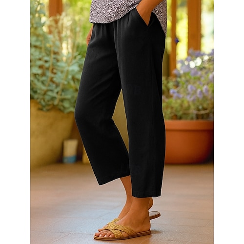  Women's Cotton Pants Vacation Vintage Ethnic Style Ankle-Length High Waist Plain Comfy Breathability Soft Micro-elastic Army Green Dark red Black White Summer Spring Loose Fit