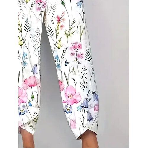  Dames Chinese Wijde broek Vakantie Vintage Etnische stijl Enkellengte Hoge taille Bloemig Grafisch Planten Lapwerk Trekkoord Opdrukken Ademend Micro-elastisch Vakantie Casual Dagelijks Wit Licht Groen