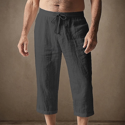  Men's Capri Pants Linen Shorts Summer Shorts Beach Shorts Pocket Elastic Waist Drawstring Plain Comfort Breathable Calf-Length Vacation Holiday Beach Hawaiian Boho Black White