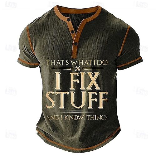 Men's Funny Slang I FIX STUFF Henley Shirt Waffle T Shirt Short Sleeve Daily Retro Vintage Classic Sports Outdoor Casual Holiday Spring & Summer Black Blue Green Army Green Henley Henley T-Shirt