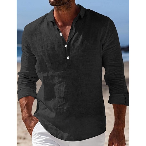  Men's Shirt Linen Shirt Summer Shirt Beach Wear Plain Vacation Casual Black White Blue Khaki Long Sleeve Lapel Spring & Summer Clothing Apparel