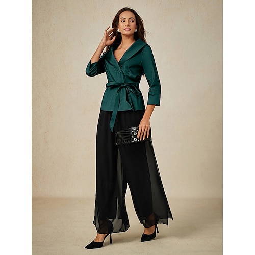  Dame Bluse Kveldstopper Elegant metallic Stilfull 3/4 ermer V-hals Vanlige topper Bryllupsgjest Aftenselskap Semi-formelt knyte foran Smaragd Grønn Vår, Høst, Vinter, Sommer