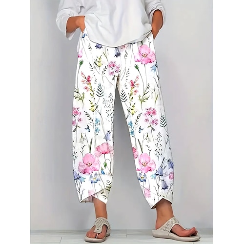  Dames Chinese Wijde broek Vakantie Vintage Etnische stijl Enkellengte Hoge taille Bloemig Grafisch Planten Lapwerk Trekkoord Opdrukken Ademend Micro-elastisch Vakantie Casual Dagelijks Wit Licht Groen