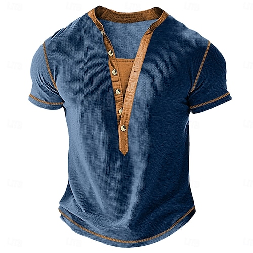  Men's Waffle Henley Shirt Tee Short Sleeve Solid Color Plain Fashion Designer Casual Color Block Buttons Henley Outdoor Casual Daily Summer Spring All Seasons Black Navy Blue Green Henley T-Shirt