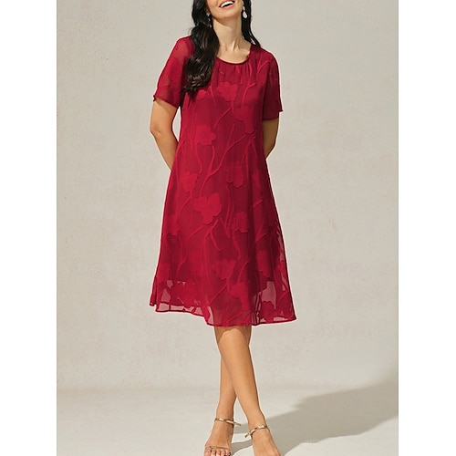  Dame Knelang kjole Chiffonkjoler Elegant Fritid Løstsittende Blomstret Kortermet Crew-hals Rød Sommer
