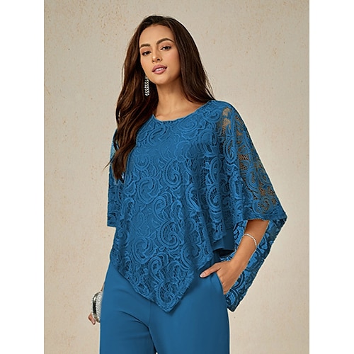  Women's Blouse Dressy Tops Plain Elegant Half Sleeve Crew Neck Regular Tops Wedding Guest Daily Lace Patchwork Layered Blue Summer Spring