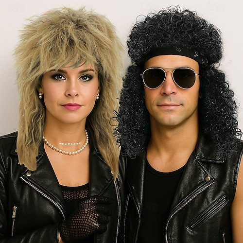 70s 80s rocker mullet περούκα cosplay ανδρική περούκα μακριά σγουρή μαύρη περούκα αποκριάτικη περούκα πάρτι