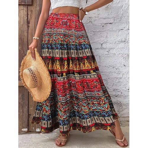  Damen Rock A-Linie Bohemien Vintage Lässig Maxi Hohe Taille Röcke Blumen Druck Mikroelastisch Urlaub Straße Gelb Rote Sommer Polyester
