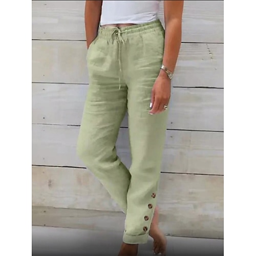  Femmes Pantalon en coton et lin Chinos Vacances ancien Mode Longueur complète Taille haute Uni Avec Poches Ceinture Élastique Confortable Doux Micro-Élastique Extérieur Rue Noir Blanche Vert clair