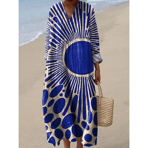  Robe mi-longue femme à col en V manches longues caftan léger coupe ample robe évasée décontractée boho sortie graphique géométrique à rayures manches longues col en V rouge orange noir jaune rose
