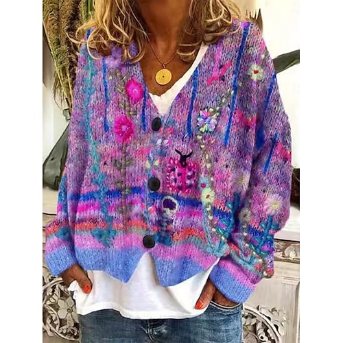  Pentru femei Pulover Bluza Modă Șic Stradă Casual Floral În V Nasturi Tricotat Manșon Lung Topuri obișnuite Tricotat În aer liber Zilnic Sfârșit de săptămână Roșu-aprins Albastru piscină Toamnă Iarnă