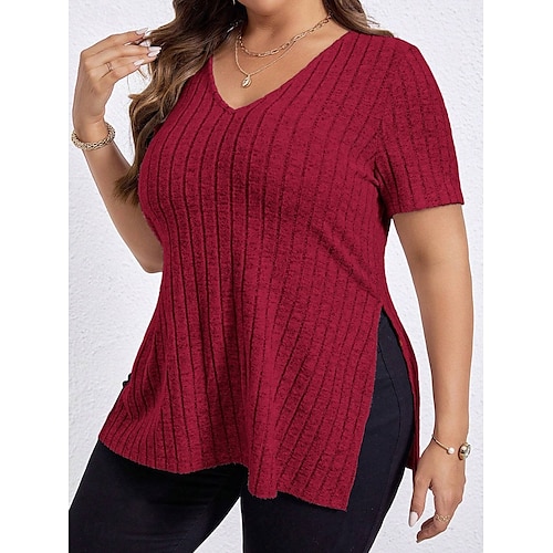 Dámské Plus velikost Topy Tričko Pevná barva Grafika Krátký rukáv Do V Na běžné nošení Denní Polyester Léto Jaro Černá Fialová Dámské Plus velikost Topy Tričko Pevná barva Grafika Krátký rukáv Do V Na běžné nošení Denní Polyester Léto Jaro Černá Fialová