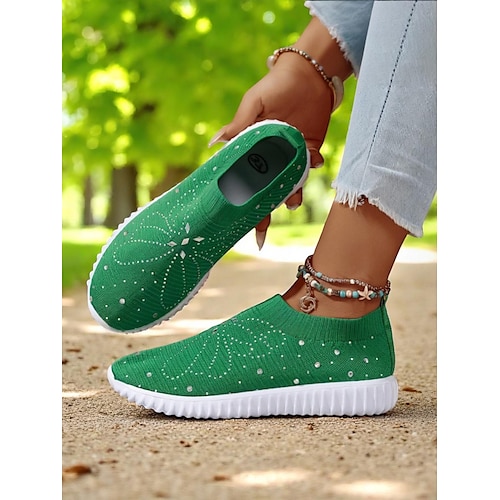 Women's Red Flyknit Slip-On Walking Shoes – Lightweight Breathable Sneakers for Outdoor Strolls, Travel and Garden Work