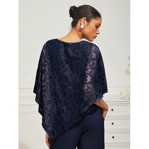  Women's Blouse Dressy Tops Plain Elegant Half Sleeve Crew Neck Regular Tops Wedding Guest Daily Lace Patchwork Layered Navy Blue Summer Spring