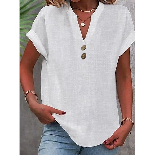 Femmes Chemise Chemisier Chemises en coton et lin Couleur Unie Basique Occasionnel Manche Courte Col en V Hauts Réguliers Travail Quotidien Boutons Blanche Été
