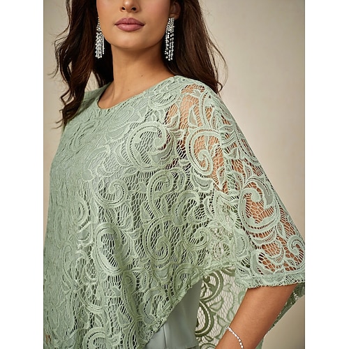  Damen Bluse Elegante Oberteile Glatt Elegant Halbe Ärmel Rundhalsausschnitt Normale Oberteile kleid hochzeitsgast Täglich Spitze Patchwork Layer-Look Salbeigrün Sommer Frühling